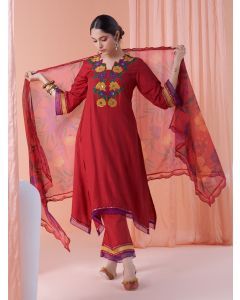 Red Applique Work Viscose Linen Kurta with Pants- Set of 2