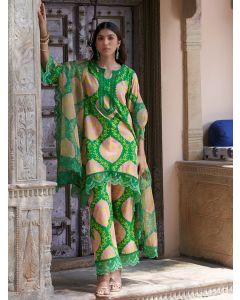 Green Printed Cotton Kurta with Pants - Set of 2