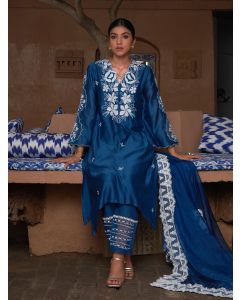 Blue Chikankari Chanderi Kurta with Pants-Set of 2