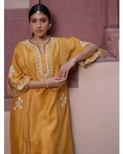 Yellow Chikankari Chanderi Choga with Salwar- Set of 2