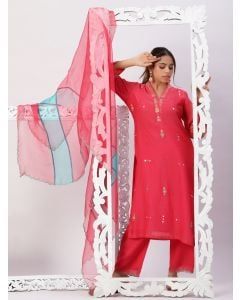Red Embroidered Chanderi Silk Suit - Set of 3