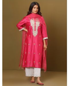 Fuchsia Zari Embroidered Chanderi Silk Suit - Set of 3