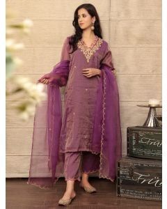 Purple Zari Embroidered Tissue Chanderi Silk Suit - Set of 3