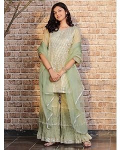 Pista Green Gota Work Tissue Chanderi Sharara Suit - Set of 3