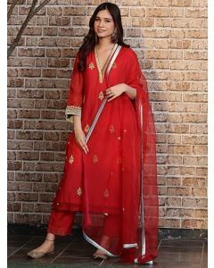 Red Zari Work Chanderi Silk Suit - Set of 3
