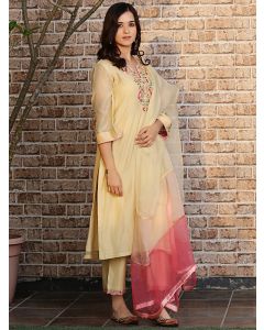 Cream Embroidered Chanderi Silk Suit - Set of 3