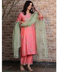 Coral Embroidered Chanderi Silk Suit - Set of 3