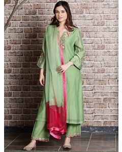 Green Embroidered Chanderi Silk Suit - Set of 3