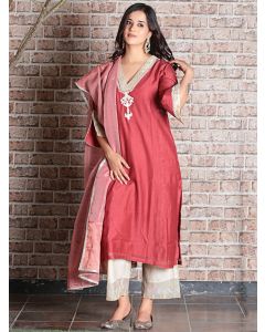 Red Embroidered Chanderi Silk Suit - Set of 3