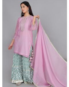 Pink Zari Embroidered Chanderi Silk Sharara Suit - Set of 3