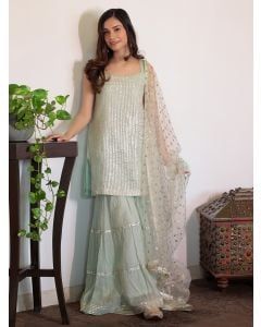 Aqua Green Gota Patti Tissue Chanderi Silk Sharara Suit - Set of 3