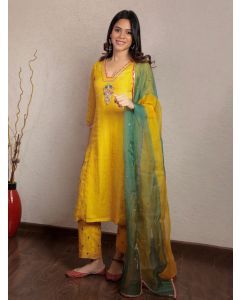 Yellow Hand Embroidered Tissue Chanderi Silk Suit - Set of 3