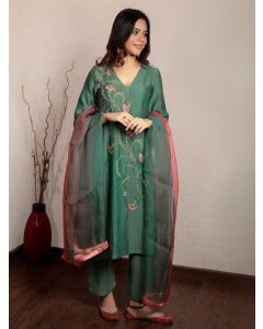 Green Hand Embroidered Chanderi Silk Suit - Set of 3