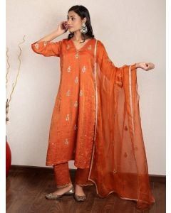 Orange Hand Embroidered Tissue Chanderi Silk Suit - Set of 3
