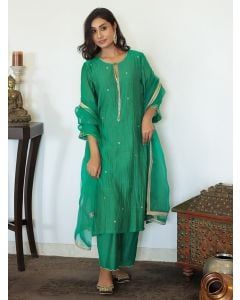 Green Hand Embroidered Chanderi Silk Suit - Set of 3