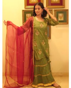 Green Embroidered Tissue Chanderi Silk Sharara Suit - Set of 3