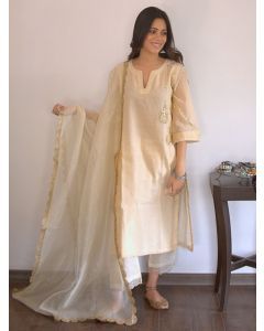 Off White Zardozi Embroidered Tissue Chanderi Silk Suit - Set of 3