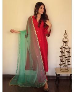 Red Zardozi Hand Embroidered Chanderi Silk Suit - Set of 3