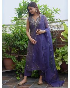 Navy Blue Hand Embroidered Tissue Chanderi Silk Suit - Set of 3