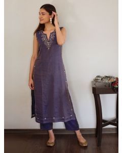 Navy Blue Hand Embroidered Tissue Silk Kurta with Pants - Set of 2