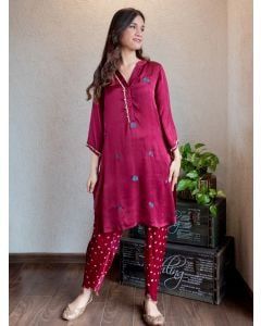 Wine Embroidered Viscose Kurta with Dhoti Pants - Set of 2