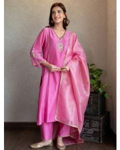 Pink Hand Embroidered Chanderi Silk Suit - Set of 3