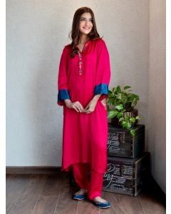 Fuchsia Hand Embroidered Modal Kurta with Pants - Set of 2