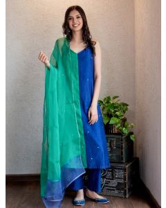 Green Blue Embroidered Chanderi Silk Color Block Suit - Set of 3