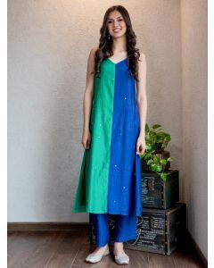 Green Blue Embroidered Chanderi Silk Color Block kurta with Pants - Set of 2