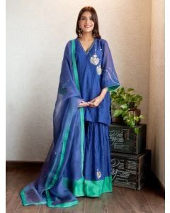 Blue Hand Embroidered Chanderi Silk Sharara Suit - Set of 3