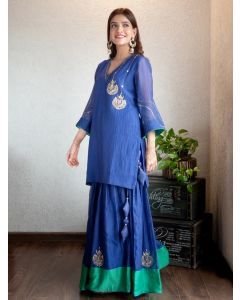Blue Hand Embroidered Chanderi Silk Kurta with Sharara - Set of 2