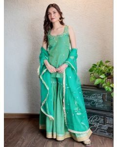 Green Hand Embroidered Tissue Silk Sharara Suit - Set of 3