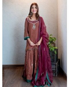 Wine Hand Embroidered Tissue Silk Sharara Suit - Set of 3
