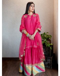 Pink Hand Embroidered Chanderi Silk Sharara Suit - Set of 3