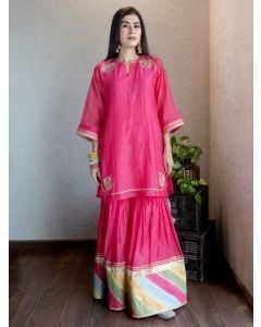 Pink Hand Embroidered Chanderi Silk kurta with Sharara - Set of 2