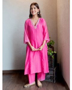 Pink Embroidered Chanderi Silk Kurta with Pants - Set of 2