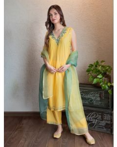 Yellow Mirror Embroidered Chanderi Silk Suit - Set of 3