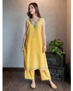 Yellow Mirror Embroidered Chanderi Silk Kurta with Pants - Set of 2