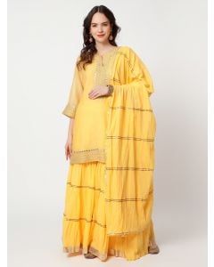 Yellow Zari Embroidered Chanderi Silk Sharara Suit - Set of 3