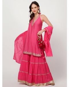 Fuchsia Gota Work Chanderi Silk Sharara Suit - Set of 3