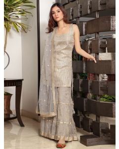 Grey Gota Work Tissue Chanderi Silk Sharara Suit - Set of 3