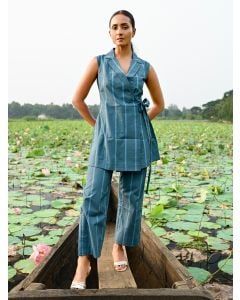 Teal Blue Striped Cotton Pants