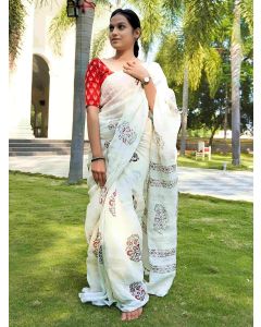 White Hand Block Printed Linen Saree