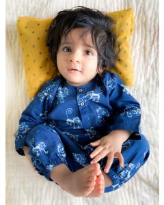 Indigo Hand Block Printed Organic Cotton Unisex Kurta with Pants- Set of 2