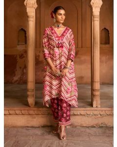 Wine Printed Viscose Chanderi Kurta with Pants- Set of 2