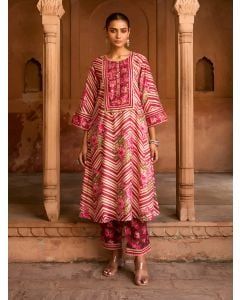 Wine Printed Viscose Chanderi Kurta with Pants- Set of 2