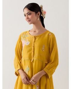 Mustard Yellow Applique Work Chanderi Dress with Slip