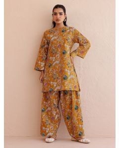 Mustard Yellow Printed Cotton Kurta with Salwar- Set of 2