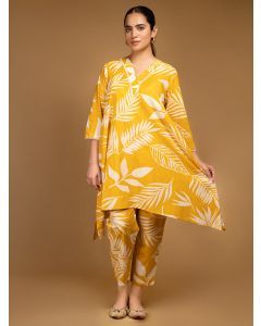 Yellow Printed Cotton Kurta with Pants- Set of 2