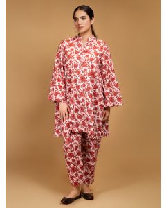 Red White Printed Cotton Kurta with Pants- Set of 2